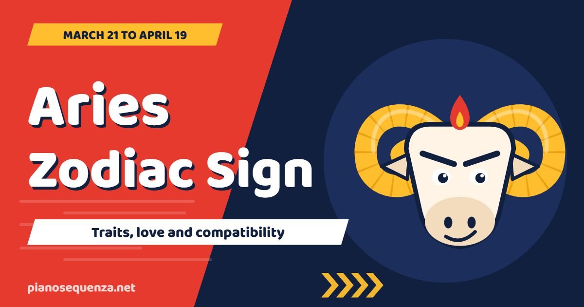 Aries zodiac sign guide: a flat ram mascot beside the title and the dates March 21 to April 19