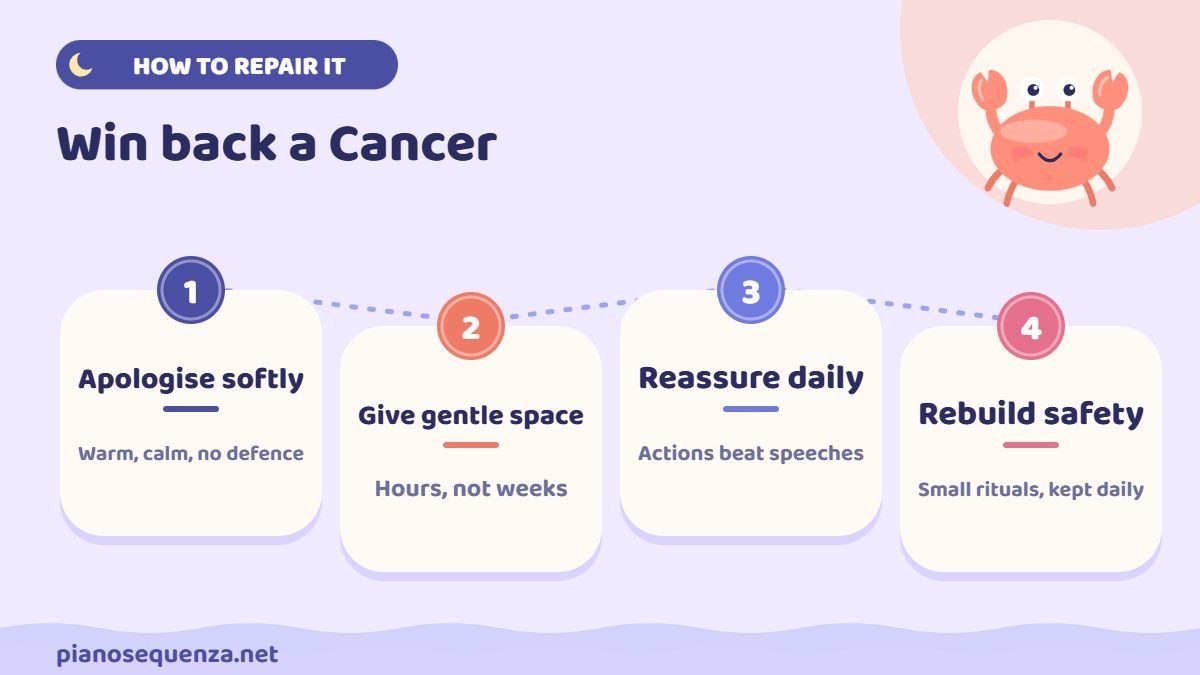 Four steps to repair things with a hurt Cancer: apologise softly, give gentle space, reassure daily and rebuild safety