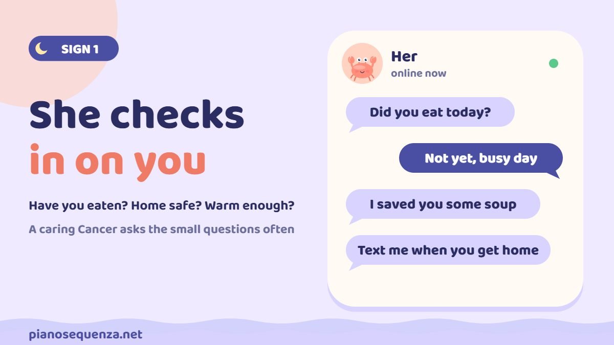 Chat bubbles showing a Cancer woman asking if you have eaten, saving you some soup and asking you to text when you get home