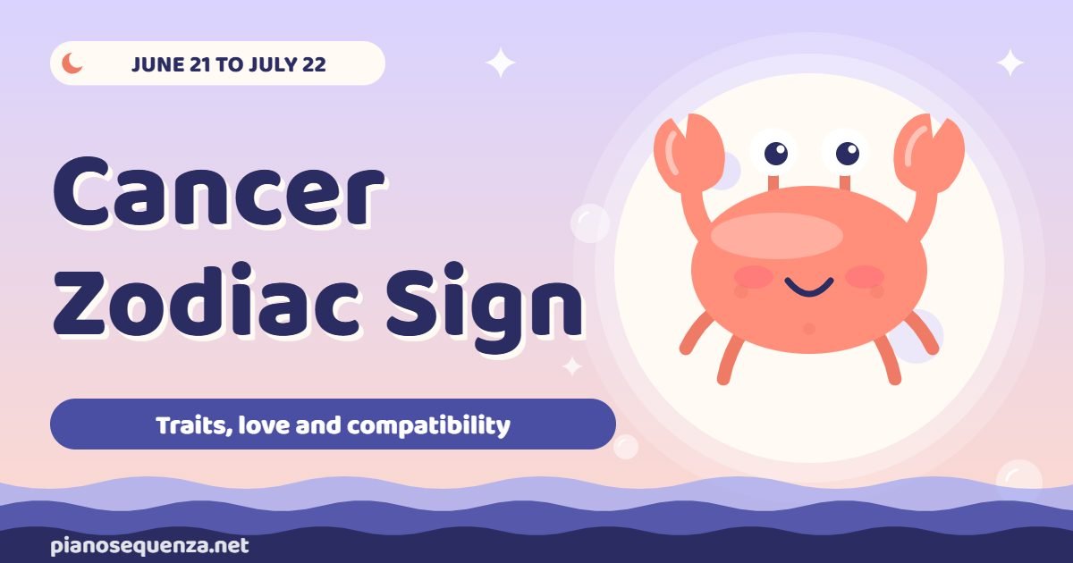 Cancer zodiac sign Cancer zodiac sign guide: a flat crab mascot beside the title and the dates June 21 to July 22