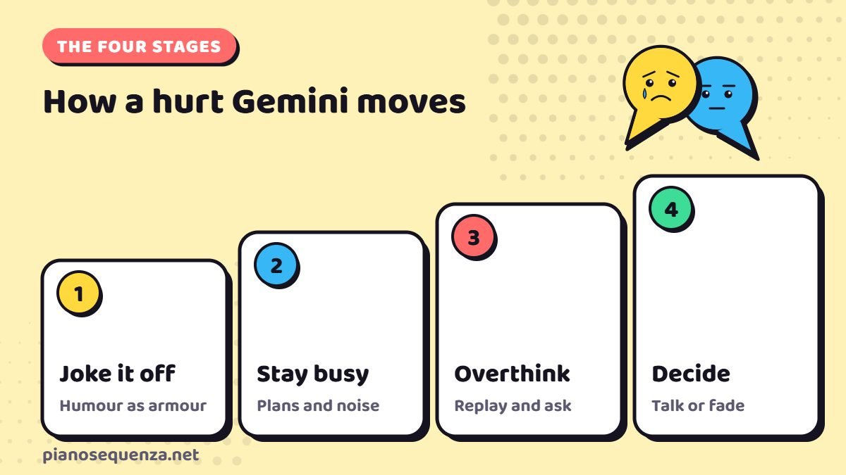 The four stages of a hurt Gemini The four stages of a hurt Gemini: joke it off, stay busy, overthink and decide