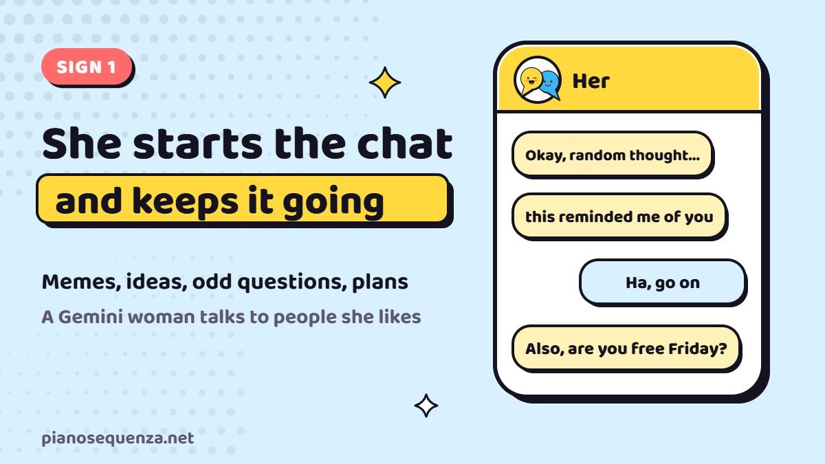 Gemini woman starts the chat A text conversation showing a Gemini woman starting the chat and keeping it going with a random thought and a plan for Friday