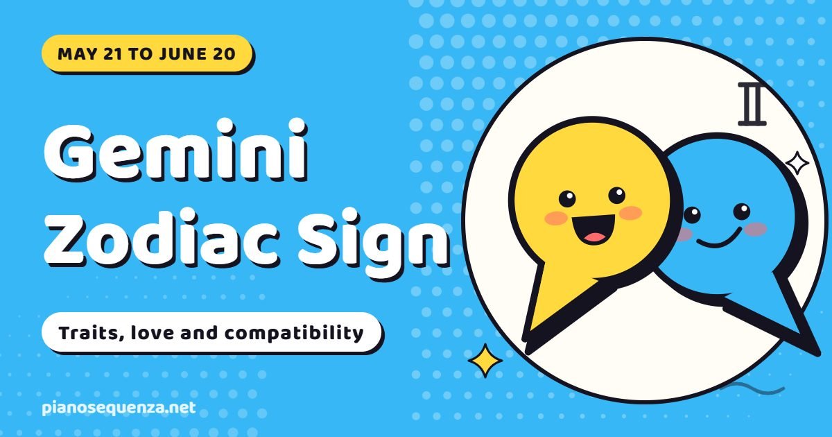 Gemini zodiac sign guide: two cartoon speech bubbles with happy faces beside the title Gemini Zodiac Sign and the dates May 21 to June 20
