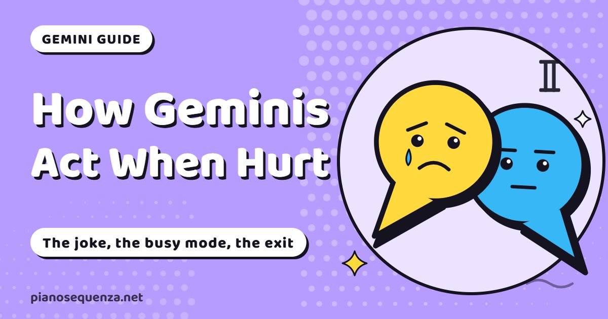 How Geminis act when hurt: two sad cartoon speech bubbles beside the title and the words the joke, the busy mode, the exit