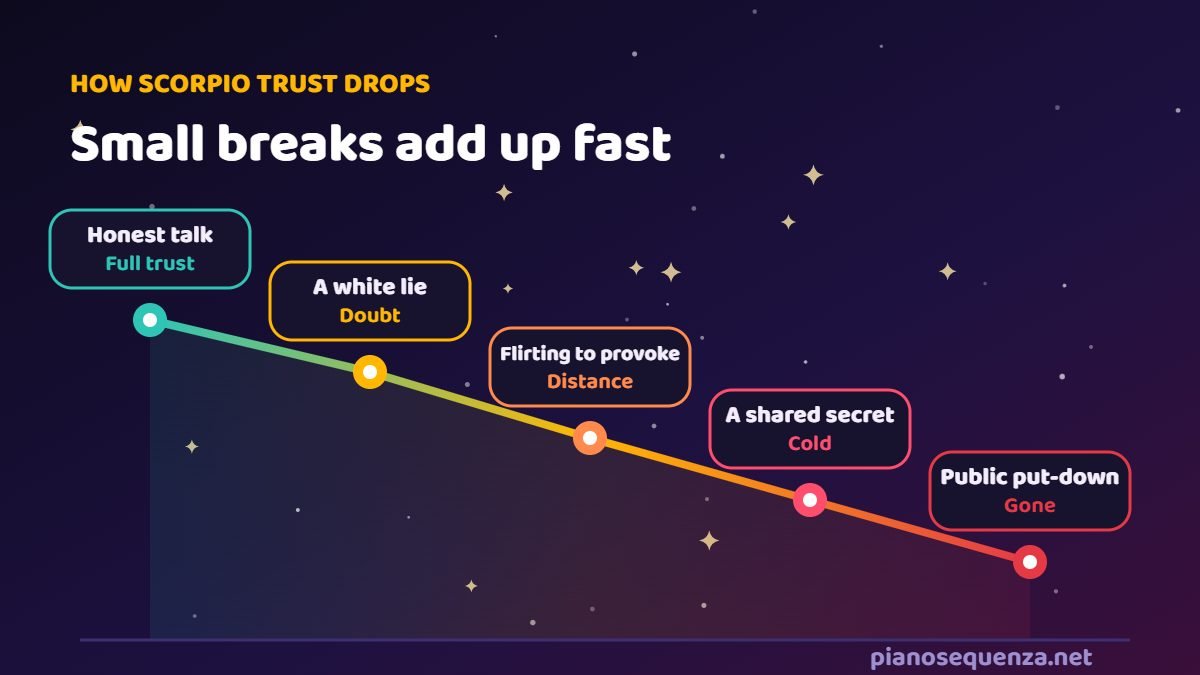 How Scorpio man trust drops How Scorpio trust drops: honest talk, a white lie, flirting to provoke, a shared secret and a public put-down