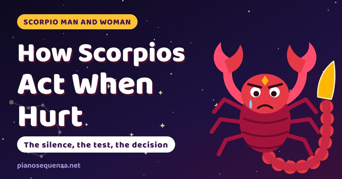 How Scorpios act when hurt How Scorpios act when hurt: a sad cartoon scorpion beside the title and the words the silence, the test, the decision