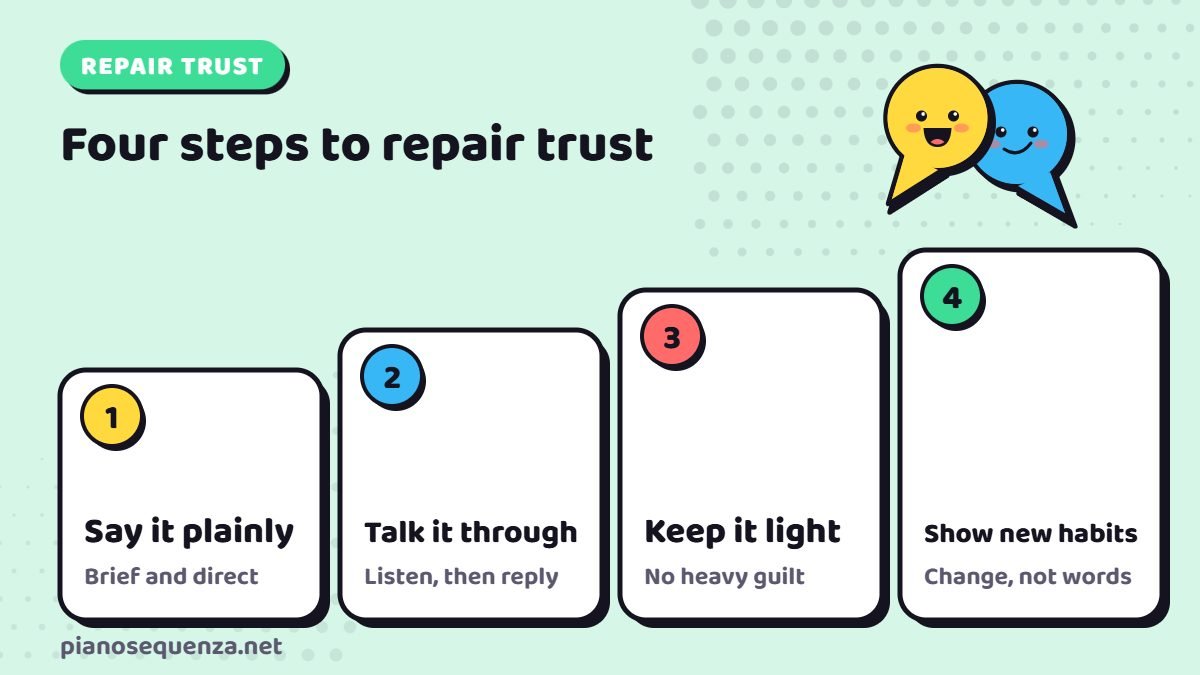 How to repair trust with a Gemini Four steps to repair trust with a Gemini: say it plainly, talk it through, keep it light and show new habits