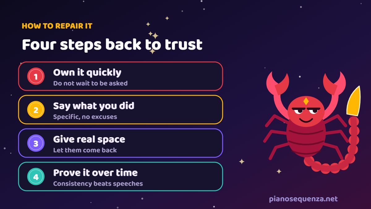 How to repair trust with a Scorpio Four steps to repair trust with a Scorpio: own it quickly, say what you did, give real space and prove it over time