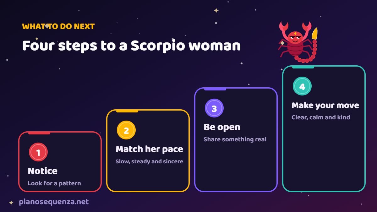 Four steps to a Scorpio woman: notice, match her pace, be open and make your move