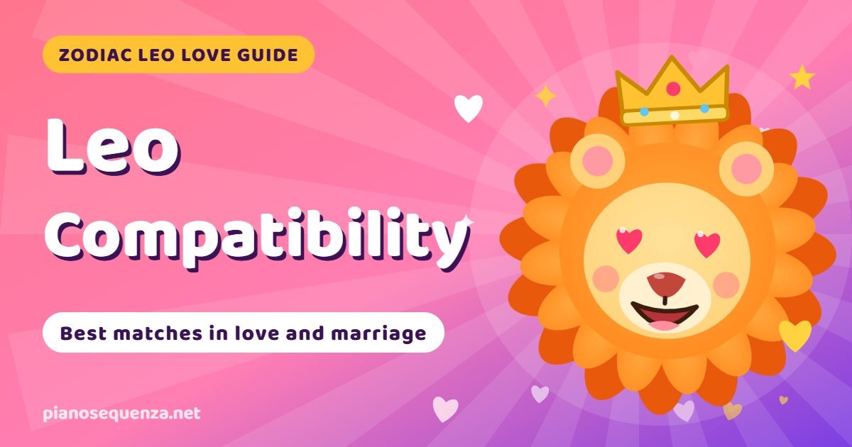 Leo compatibility guide: a smiling lion with heart eyes beside the title Leo Compatibility