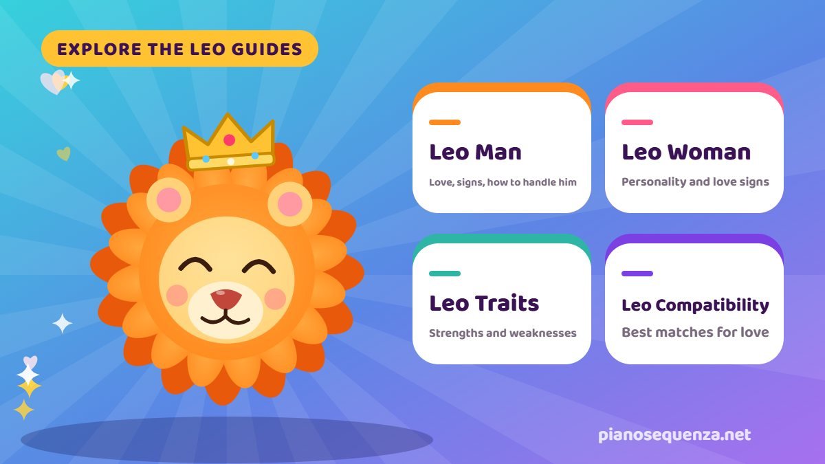 Explore the Leo guides: Leo man, Leo woman, Leo traits and Leo compatibility beside a happy lion