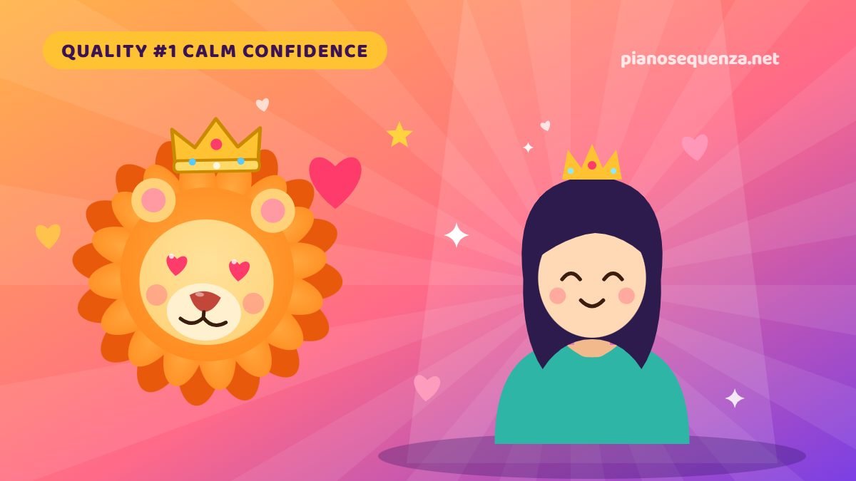 Leo man admires calm confidence Cartoon Leo lion with heart eyes admiring a confident woman wearing a small crown
