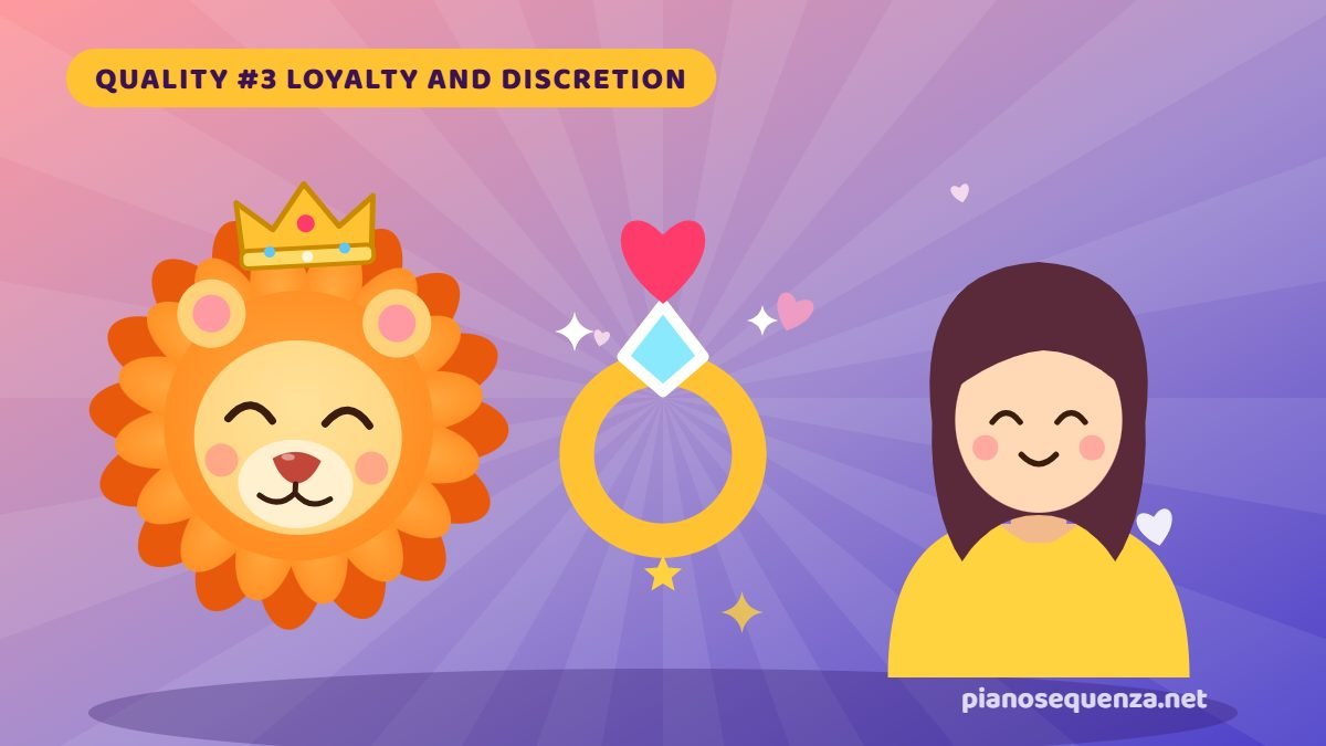 Leo man values loyalty Cartoon Leo lion and a woman smiling on either side of a ring with a heart above it