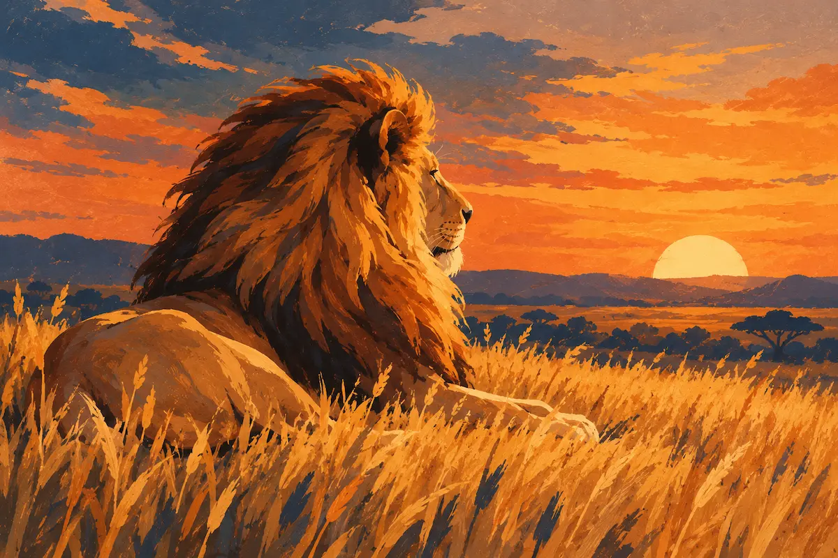 Painted lion resting in golden grass, a symbol of the proud Leo personality