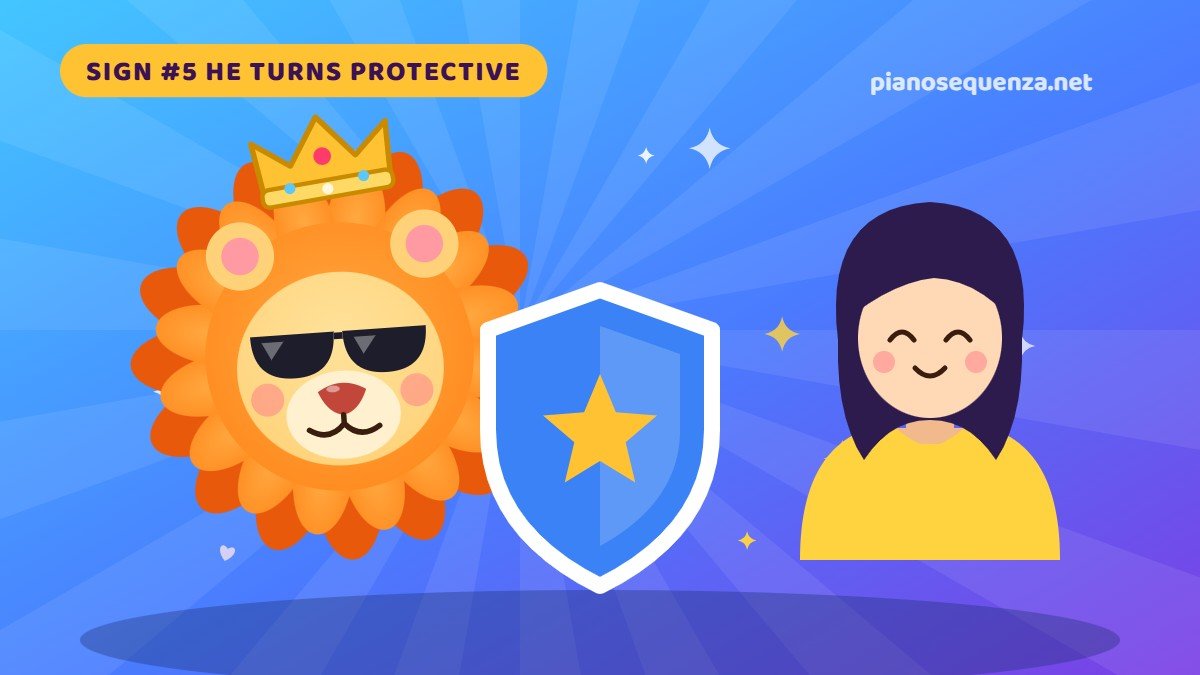 Cartoon lion in sunglasses holding a shield next to a smiling woman