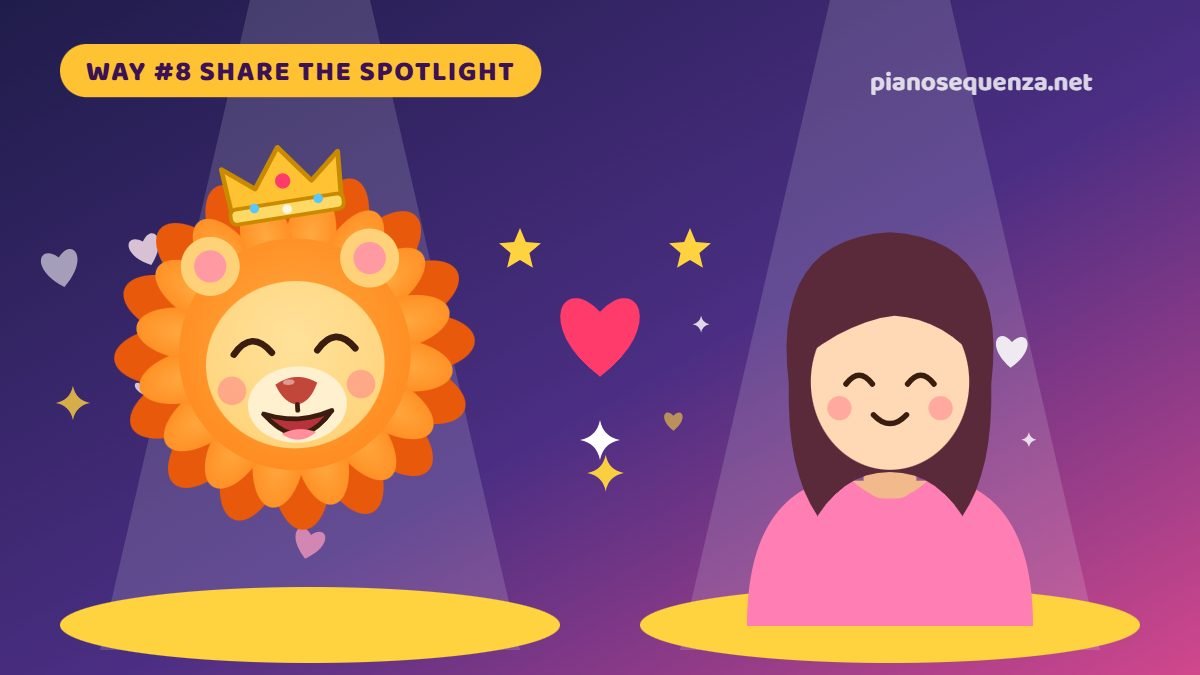 Share the spotlight with a Leo man Cartoon lion and woman each standing in their own spotlight with a heart between them
