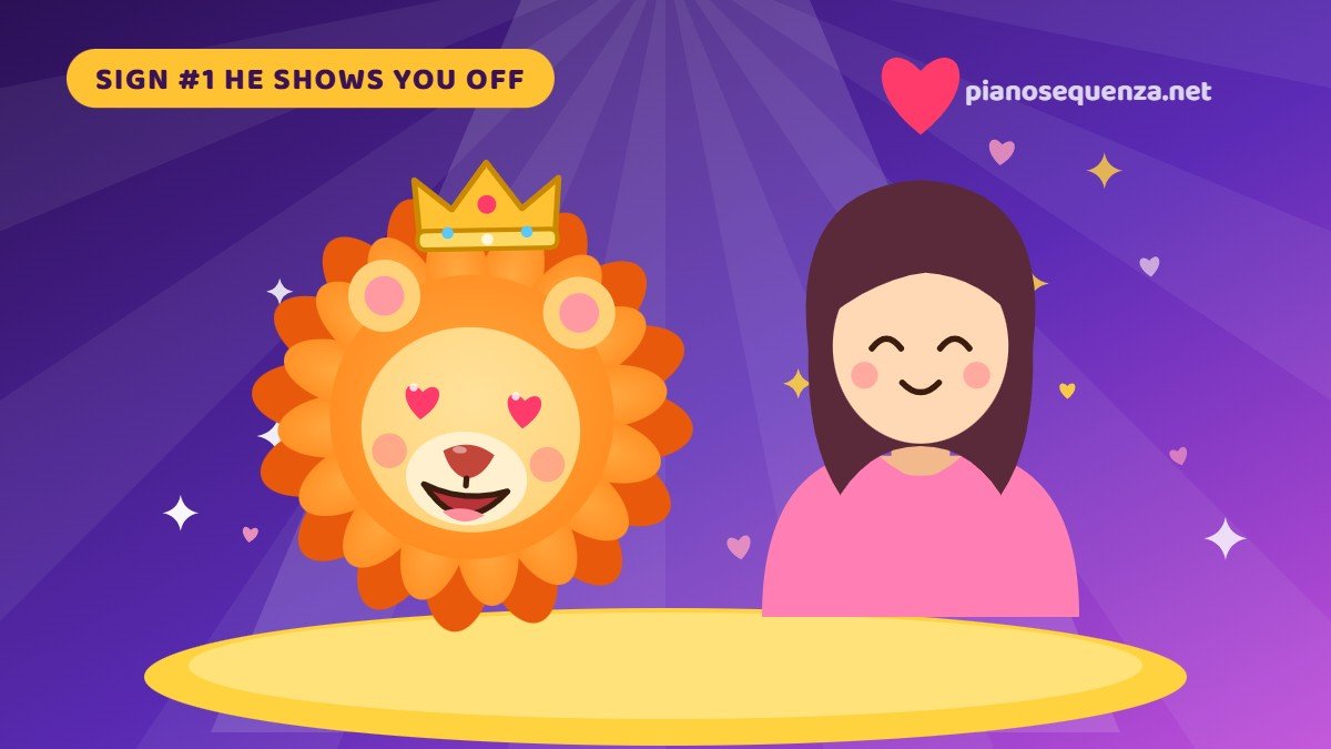 Cartoon lion with heart eyes showing off the woman he loves under a spotlight