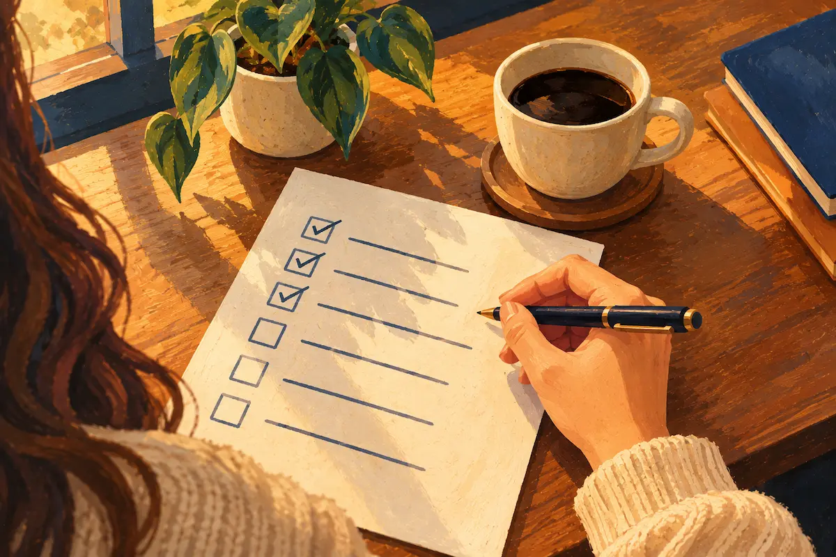 Illustration of a woman filling out a checklist of Leo man turn-offs