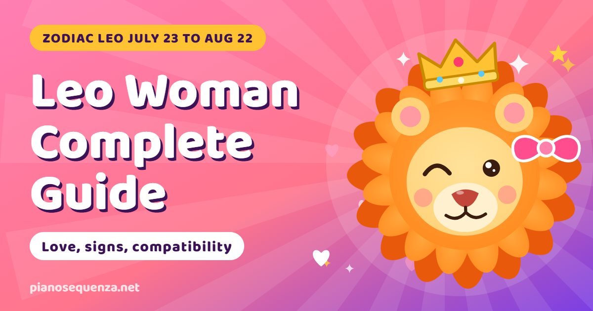 Cartoon lioness with a crown and pink bow winking beside the title Leo Woman Complete Guide