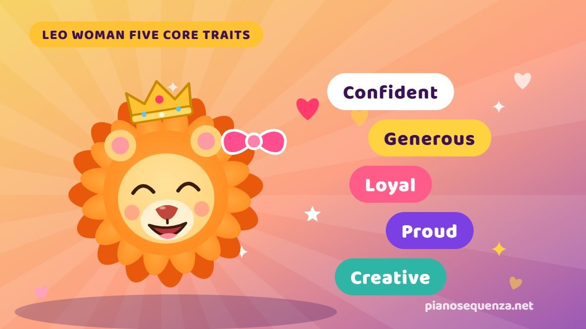 Cartoon lioness with a bow beside five Leo woman traits: confident, generous, loyal, proud, creative