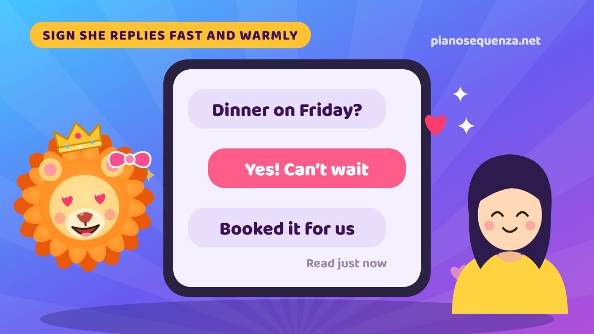 Phone chat where a Leo woman answers a dinner invitation fast and warmly while a cartoon lioness shows heart eyes