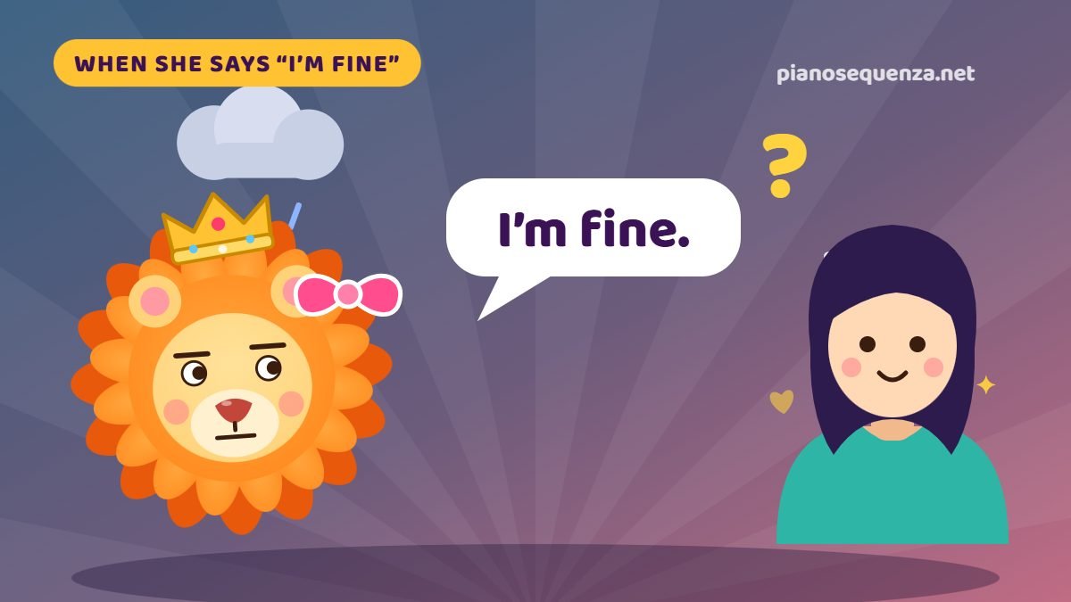 Cartoon lioness with a flat mouth and rain cloud while a woman says I am fine