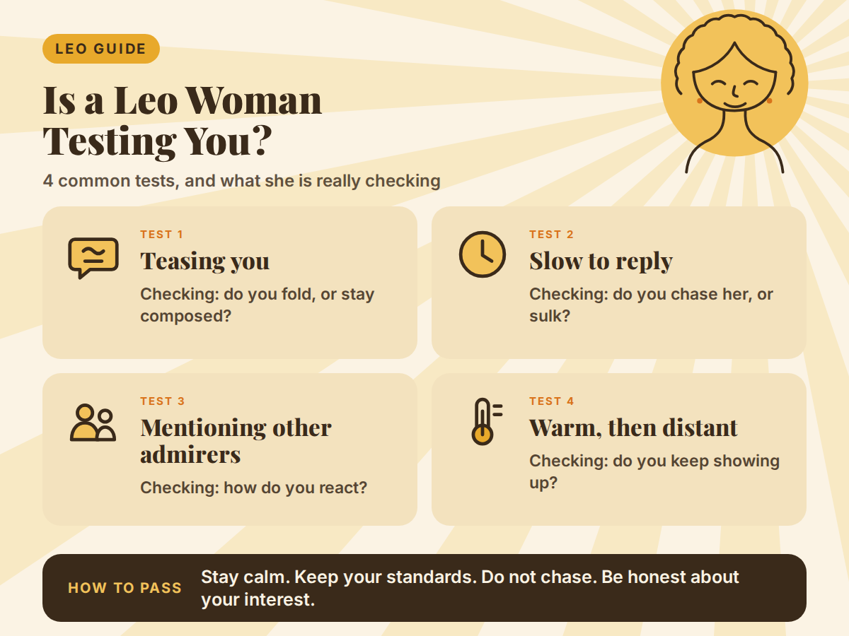Infographic of four ways a Leo woman tests you: teasing, slow replies, mentioning other admirers, and warm then distant behavior