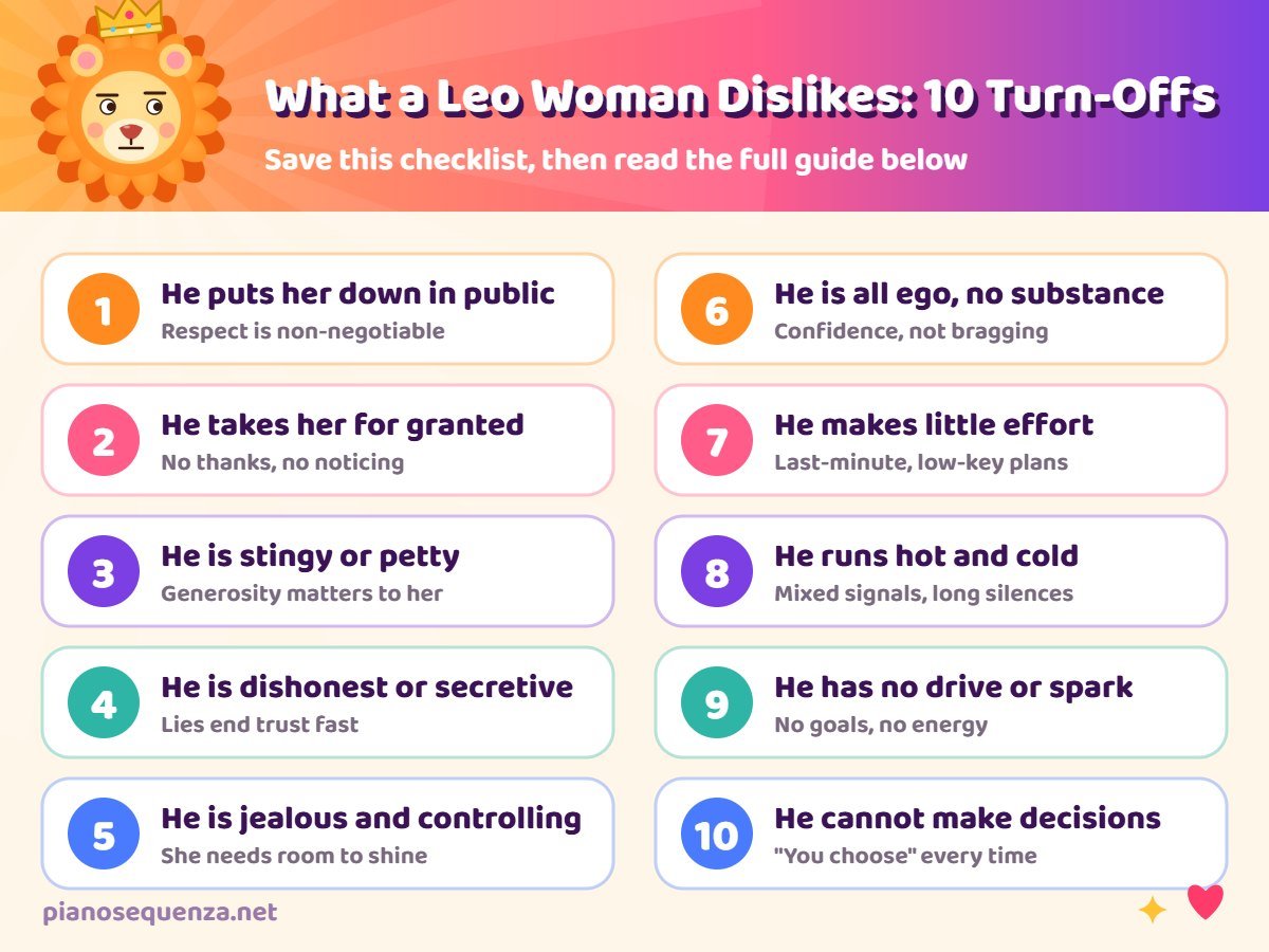 What a Leo woman dislikes in a man: 10 turn-offs checklist Checklist of 10 things a Leo woman dislikes in a man, from public put-downs to being taken for granted