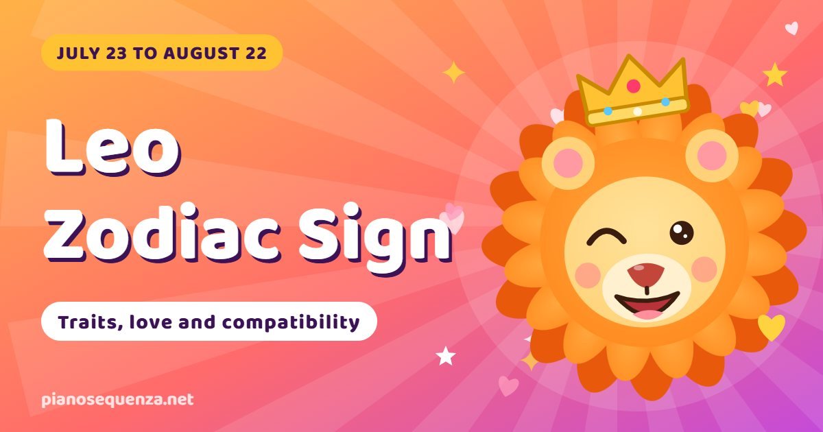 Leo zodiac sign guide: a winking lion with a crown beside the title Leo Zodiac Sign and the dates July 23 to August 22