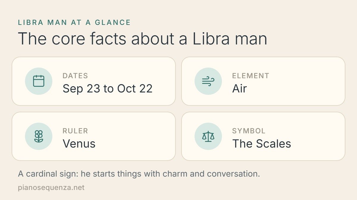 Libra man core facts: dates September 23 to October 22, air element, ruled by Venus, symbol the Scales