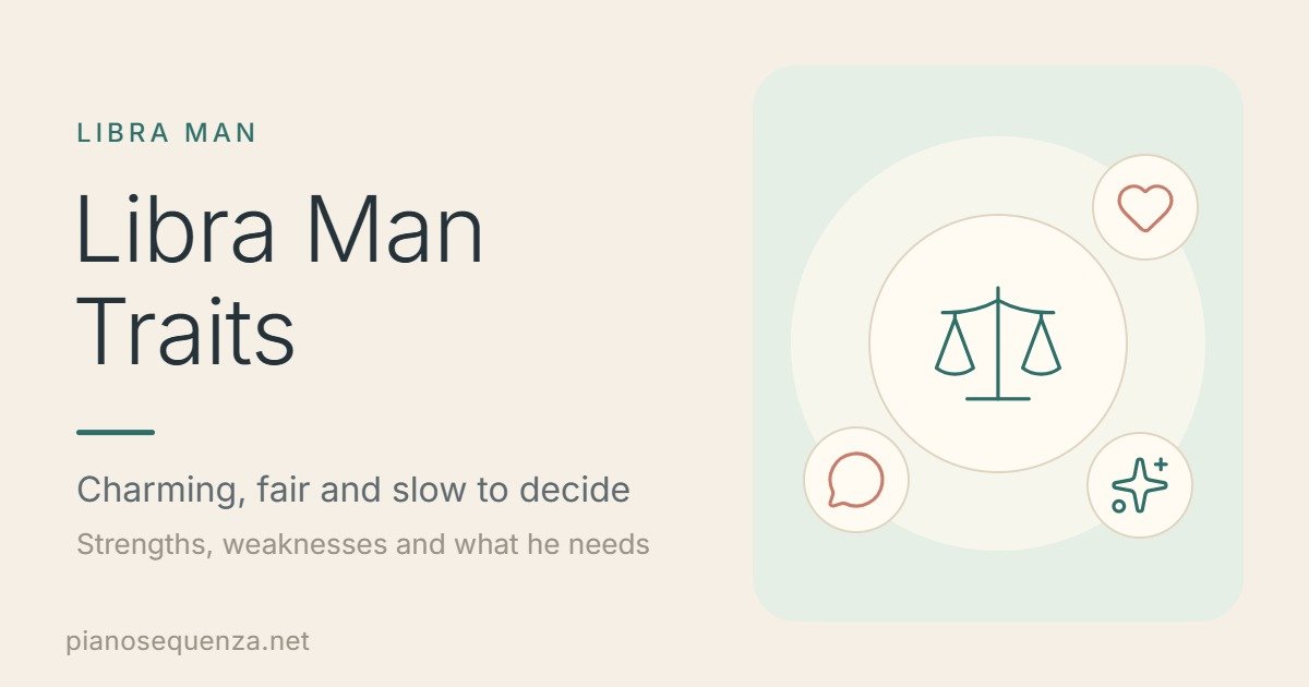 Libra man traits: scales, heart, speech bubble and sparkle icons beside the title Libra Man Traits