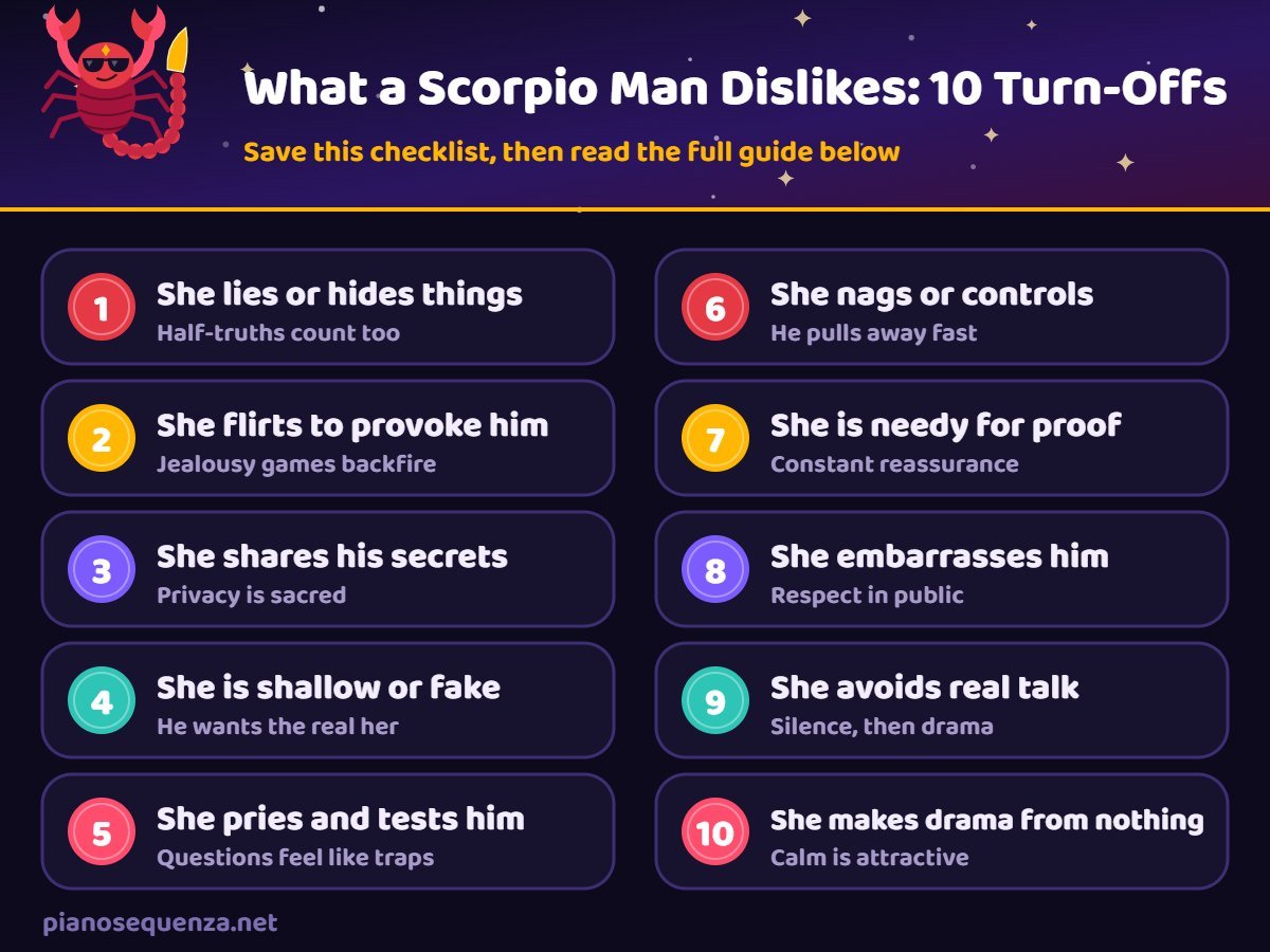 What a Scorpio man dislikes checklist Checklist of 10 things a Scorpio man dislikes in a woman, from lying to making drama
