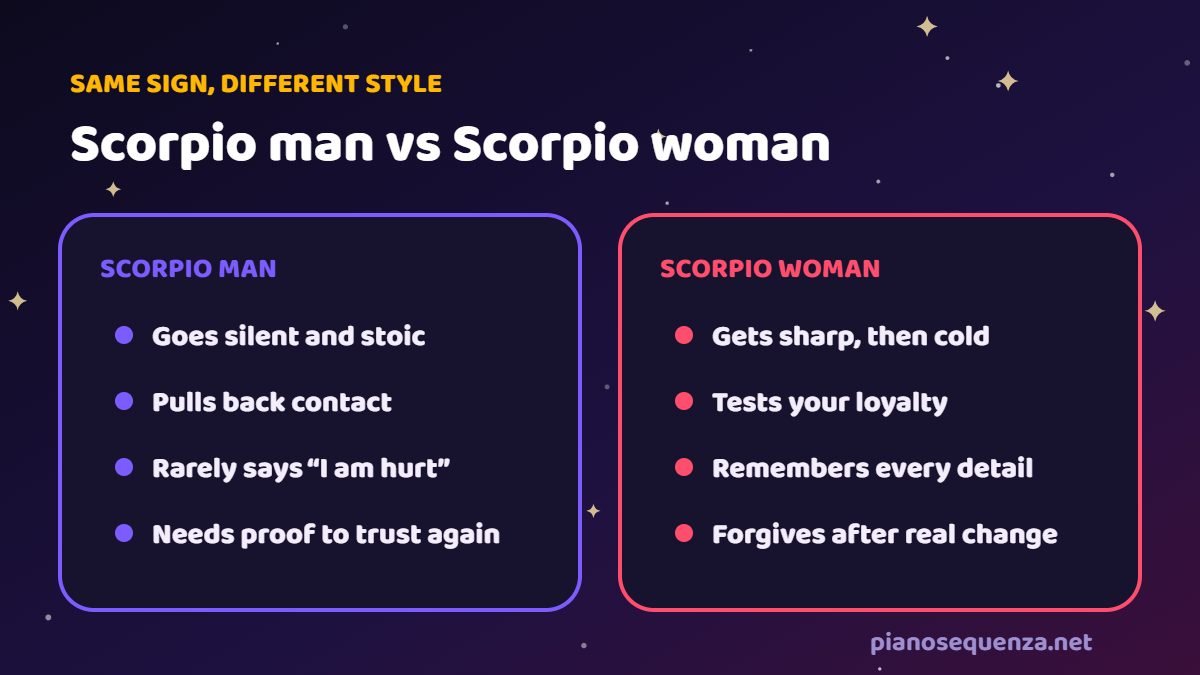 Scorpio man versus Scorpio woman when hurt Scorpio man versus Scorpio woman when hurt: stoic silence and pulling back versus sharp words, loyalty tests and long memory