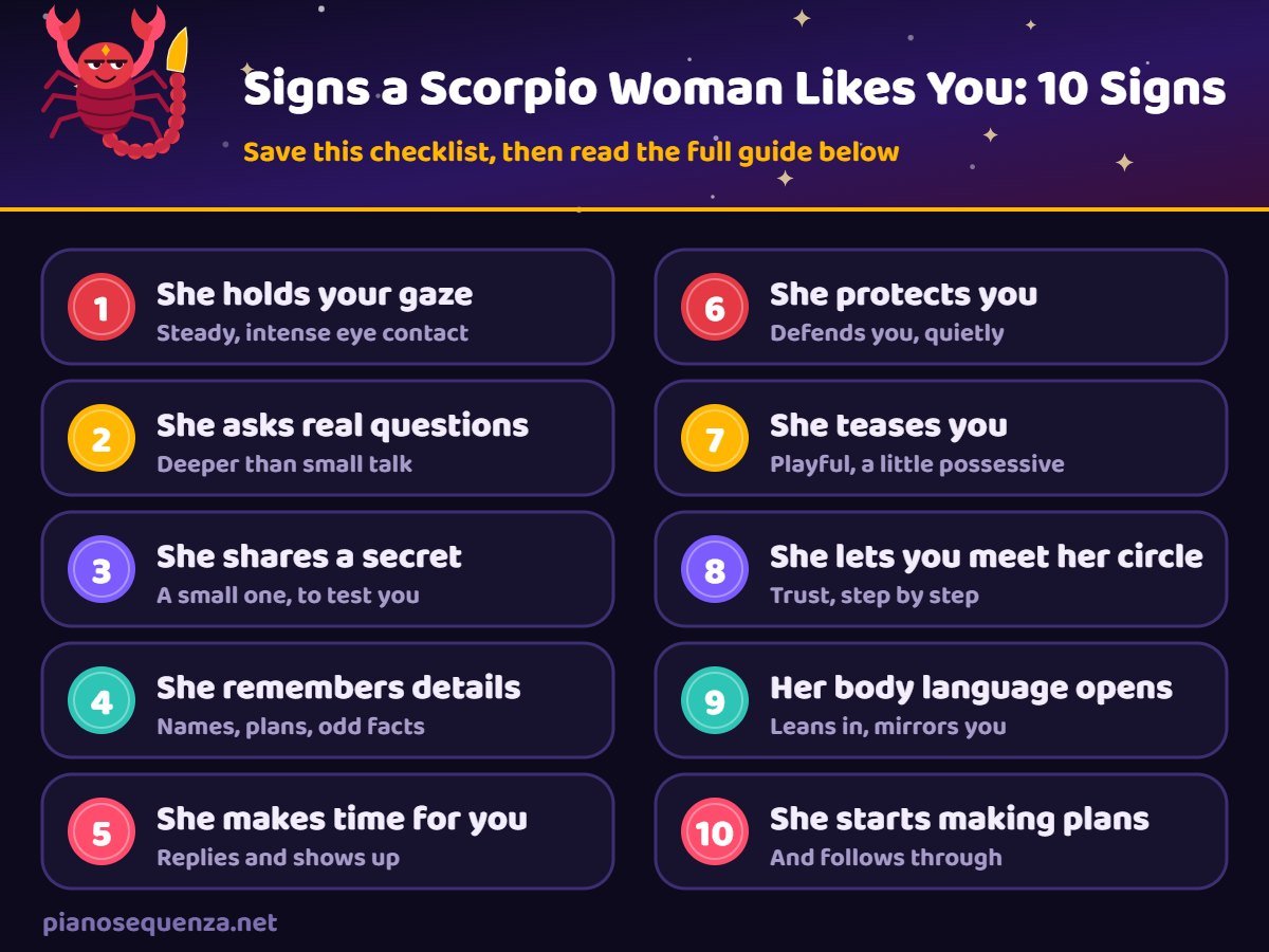 Checklist of 10 signs a Scorpio woman likes you, from steady eye contact to making plans
