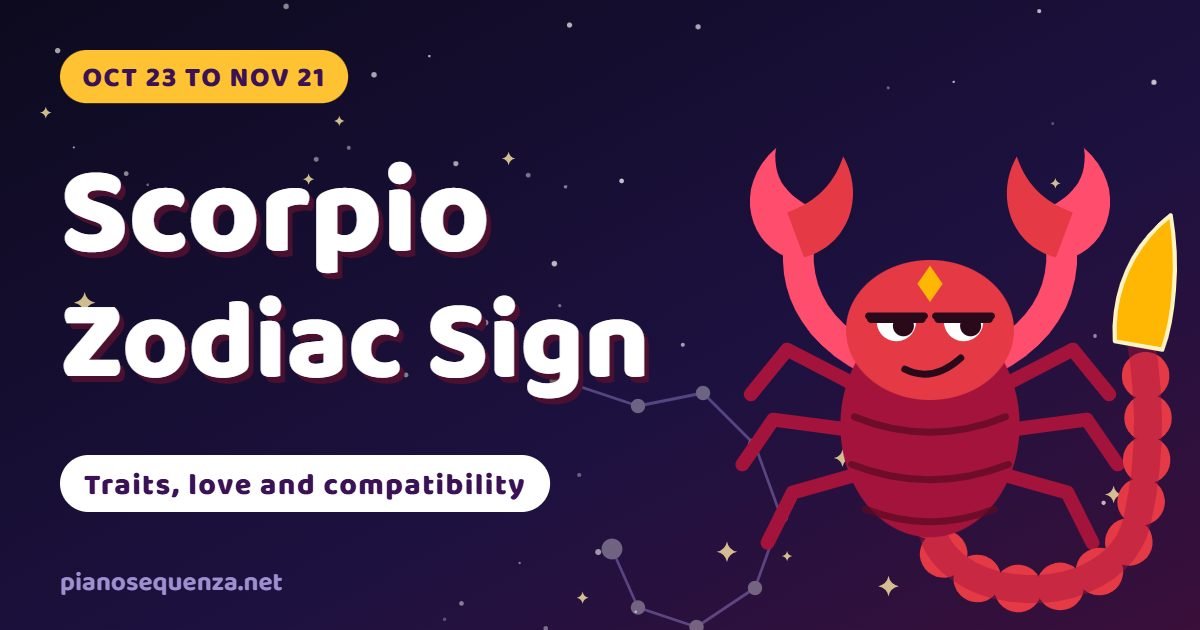Scorpio zodiac sign guide: a sly cartoon scorpion under the stars beside the title Scorpio Zodiac Sign and the dates October 23 to November 21