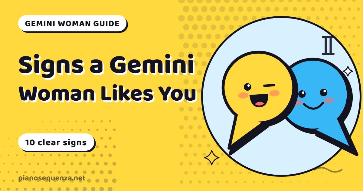 Signs a Gemini woman likes you: two winking cartoon speech bubbles beside the title and the words 10 clear signs