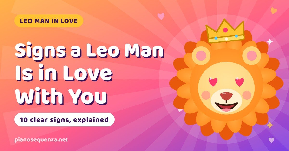 Cartoon lion with a crown and heart eyes beside the title Signs a Leo Man Is in Love With You