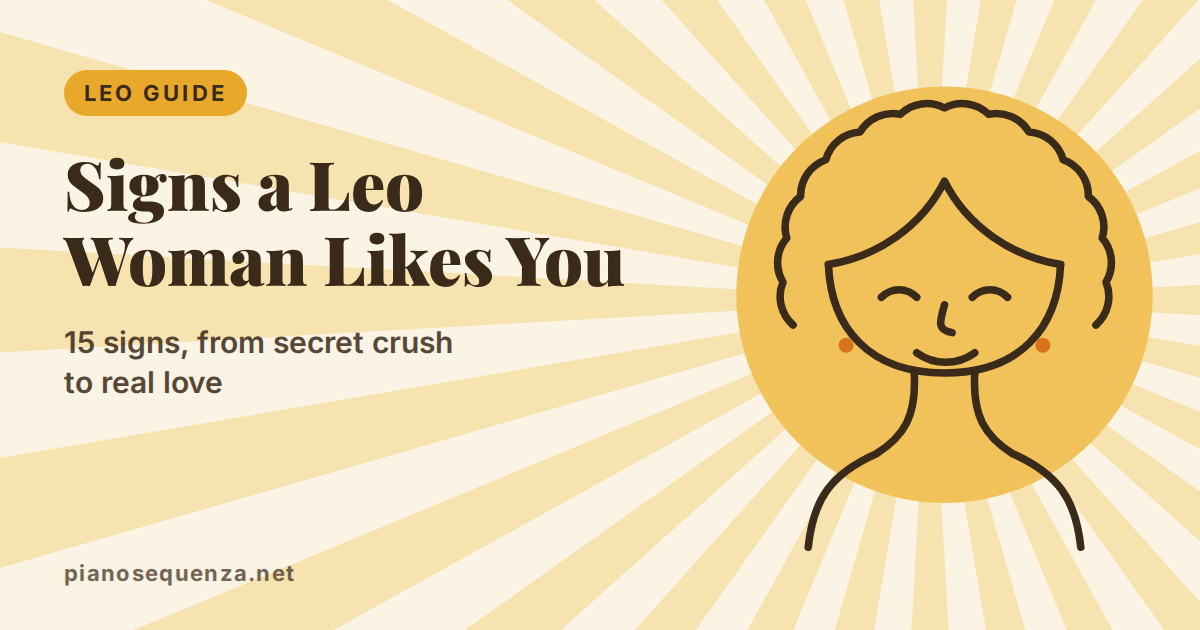 Leo woman line-art illustration smiling warmly, showing signs she likes you or is falling for you