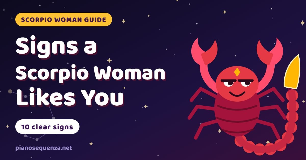 Signs a Scorpio woman likes you: a smiling cartoon scorpion beside the title and the words 10 clear signs