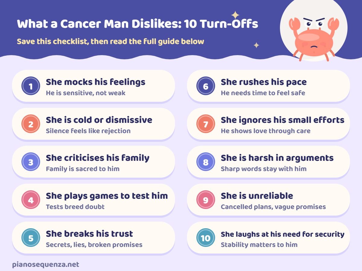 What a Cancer man dislikes checklist Checklist of 10 things a Cancer man dislikes in a woman, from mocking his feelings and coldness to laughing at his need for security