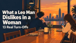 A man and woman sitting apart at a table, showing what a Leo man dislikes in a woman