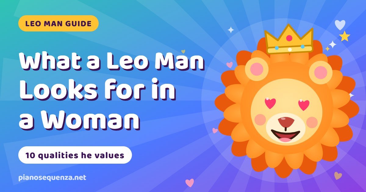 Cartoon Leo lion with heart eyes beside the title What a Leo Man Looks for in a Woman