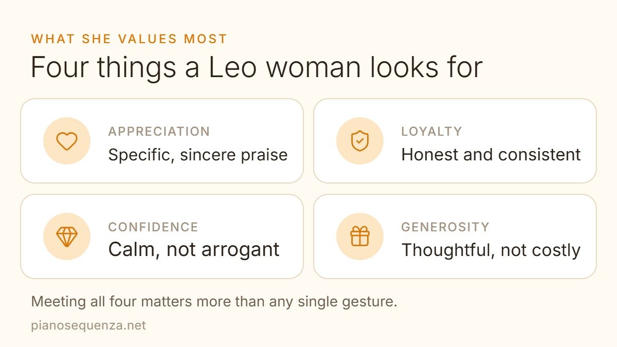 Four things a Leo woman looks for: appreciation, loyalty, confidence and generosity
