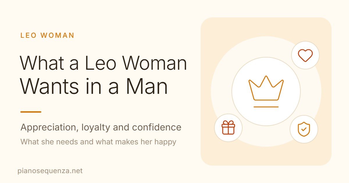 What a Leo woman wants in a man: crown, heart, gift and shield icons beside the title