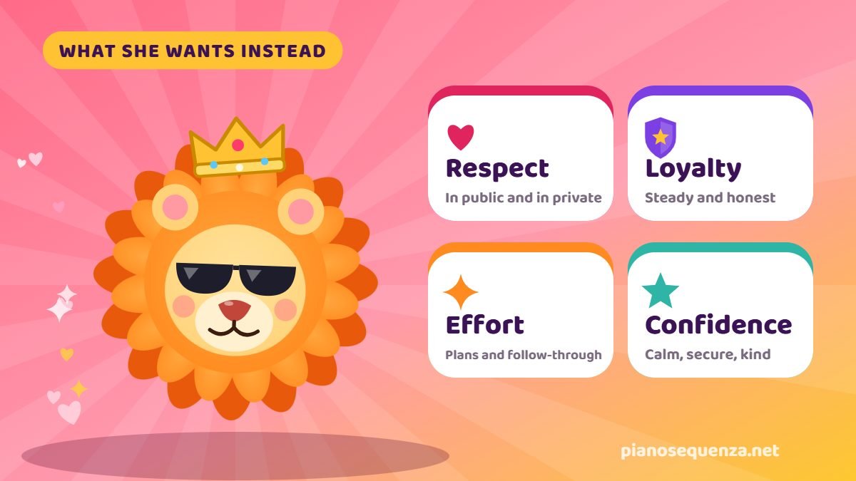 What a Leo woman wants in a man What a Leo woman wants instead: respect, loyalty, effort and confidence, shown with a lion wearing sunglasses