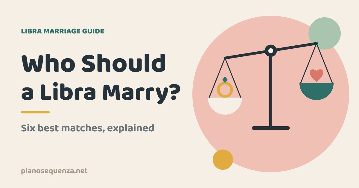 Minimal balance scale with a ring and a heart beside the title Who Should a Libra Marry